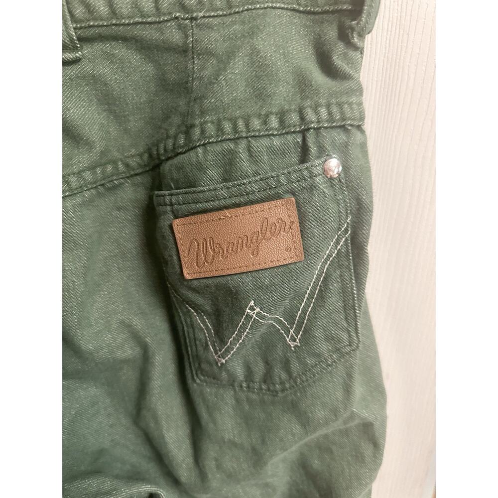 70s Wrangler Misses Jeans Green Denim Snap Button Wide Leg Flare Slim Sz 18 30w - Picture 8 of 9